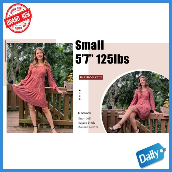 Long Sleeve Babydoll Sweater Dress Square Neck Flowy Tunic - Picture 8 of 8